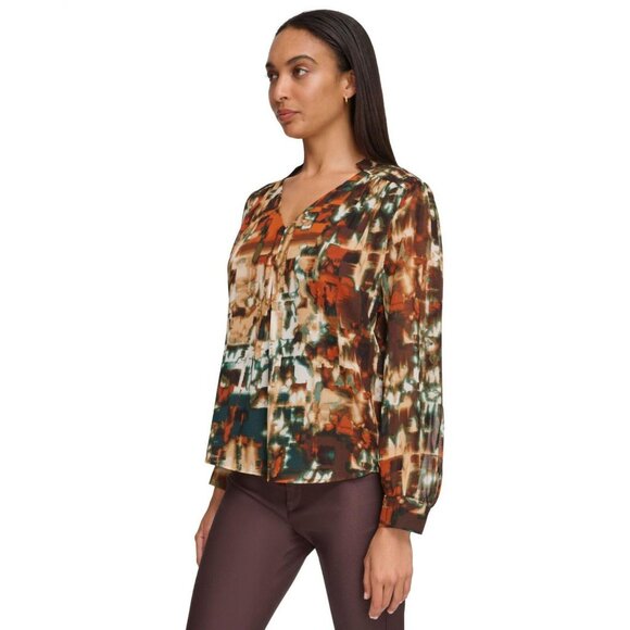 NWT Calvin Klein Women's Printed V-Neck Top M3HAZ619 S Coffee Bean Multi Brown - Picture 3 of 9